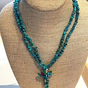 Turquoise double strand Beaded Cross Necklace 16”